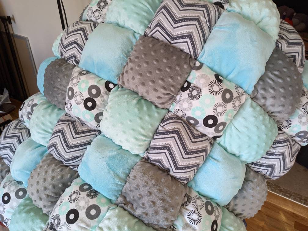 Large mint and grey puff quilt ready to ship