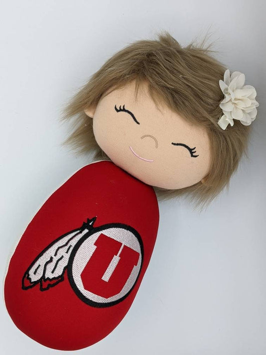 Officially licensed University of Utah 14" doll. Drum and feather.